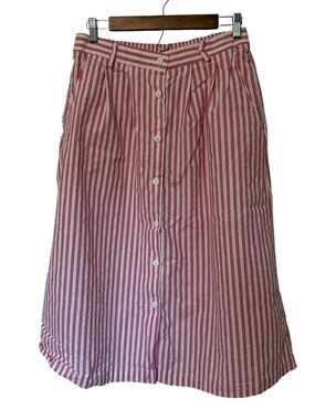 Vintage A-Line Vertical Stripes Pink White Button Front Midi Skirt Belt Loops